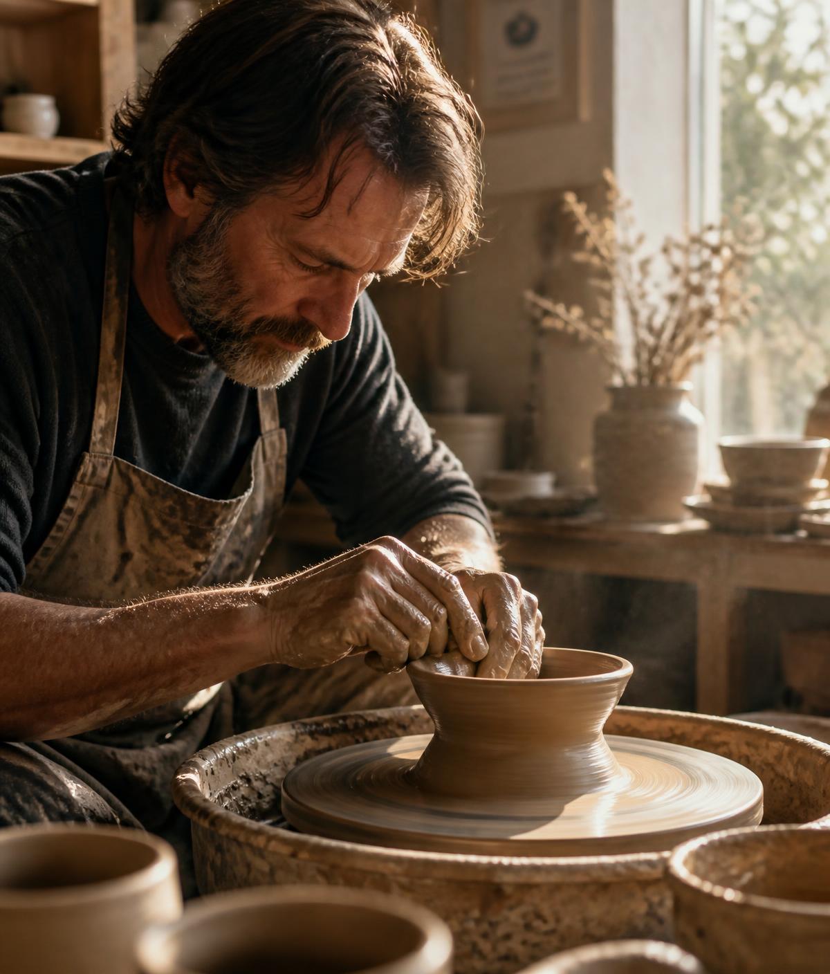 Artisan shaping clay on a pottery wheel in a sunlit studio